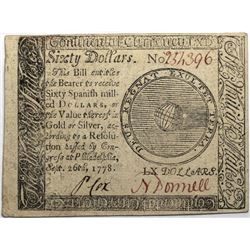 Continental Currency September 26, 1778 $60 Fr#CC-86 S/N 254396 PMG 55.
