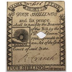 Massachusetts 1779 4s 6d Fr#MA-273 S/N 6086 PMG 55 hole cancelled.