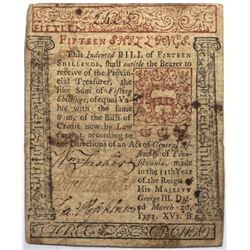 Pennsylvania March 20, 1771 15s Fr#PA-148 S/N 2465 Francis Hopkinson signed PMG 50.