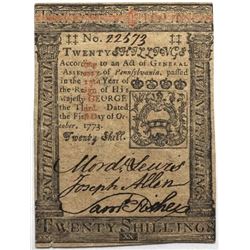 Pennsylvania October 1, 1773 20s Fr#PA-169 S/N 22573 PMG 63.