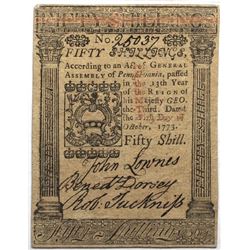 Pennsylvania October 1, 1773 50s Fr#PA-170 S/N 25037 PMG 63 EPQ.