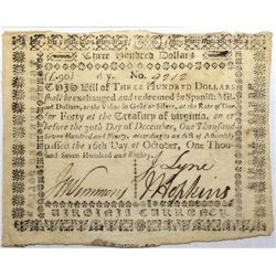 Virginia October 16, 1780 $300 Fr#VA-194 S/N 9212 PMG 30.