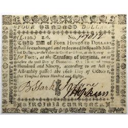 Virginia October 16, 1780 $400 Fr#VA-195 S/N 17012 PMG 35.