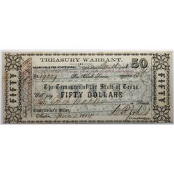 Austin, Texas 1860s $50 Treasury Warrant, Cr. 32A, PMG 53 EPQ.
