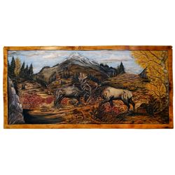 FIGHTING BULL ELK PAINTED RELIEF IN PINE SHIRLEY & LES  BEHRNS