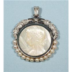 A circular platinum, diamond and pearl pendant wi
