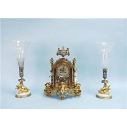 An antique French 3 piece champleve, crystal and 