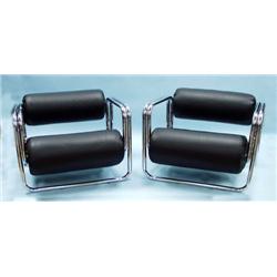 A pair of chromed metal framed fauteils with seat