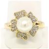 14k Yellow Gold Flower Ring w/ 8.1mm Round Pearl Center & Pave Diamond Petals