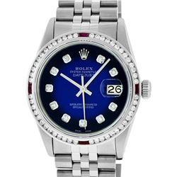 Rolex Mens SS Blue Vignette Diamond & Ruby Channel Set Diamond Datejust Wristwatch