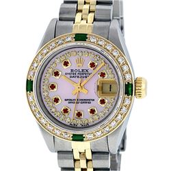 Rolex Ladies Two Tone 14K Pink MOP Diamond Ruby & Emerald Datejust Wriswatch