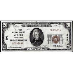 1929 $20 First National Bank of Mercer, Pennsylvania CH# 392 National Currency Note
