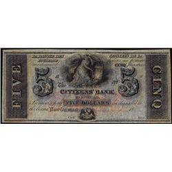 1800 $5 Citizens Bank of Louisiana, New Orleans Obsolete Note