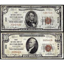 Lot of 1929 $5/$10 National Bank at Pittsburgh, PA CH# 252 National Currency Notes