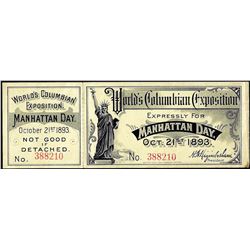 October 21, 1893 World's Columbian Exposition Ticket Manhattan Day