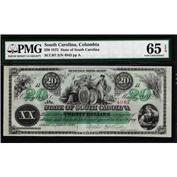 1872 $20 State of South Carolina Revenue Bond Obsolete Note PMG Gem Uncirculated 65EPQ