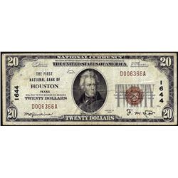 1929 $20 First National Bank of Houston, Texas CH# 1644 National Currency Note