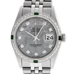 Rolex Mens Stainless Steel Meteorite Diamond & Emerald Datejust Wristwatch