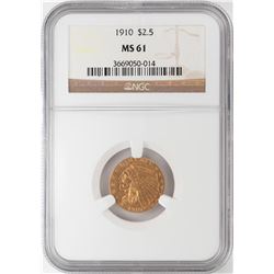 1910 $2 1/2 Indian Head Quarter Eagle Gold Coin NGC MS61