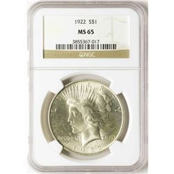 1922 $1 Peace Silver Dollar Coin NGC MS65