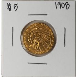 1908 $5 Indian Head Half Eagle Gold Coin