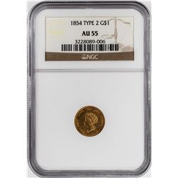 1854 Type 2 $1 Indian Princess Head Gold Dollar Coin NGC AU55