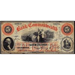 1860 $5 Bank of Commonwealth Richmond, Virginia Obsolete Note