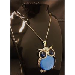 Semi Precious Blue Stone Owl Pendant Cuban 925 Silver Chain