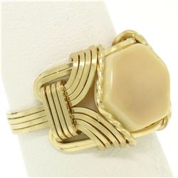 14k Yellow Gold Hexagon White Coral & Wrought Gold Wire Ring