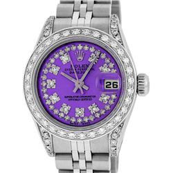 Rolex Ladies Stainless Steel 26MM Purple String Diamond Lugs Datejust Wristwatch