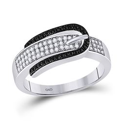 Round Black Color Enhanced Diamond Belt Buckle Band Ring 1/4 Cttw 10kt White Gold