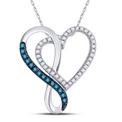 Round Blue Color Enhanced Diamond Heart Infinity Pendant 1/4 Cttw 10kt White Gold