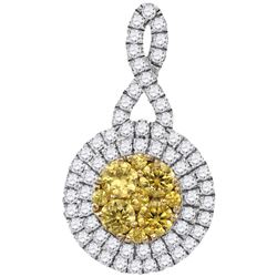 Round Yellow Diamond Concentric Circle Frame Cluster Pendant 1.00 Cttw 14kt White Gold