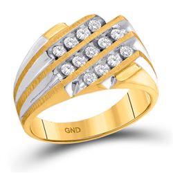 Mens Diamond 3-Row Cluster Ring 1/2 Cttw 10kt Two-tone Yellow Gold