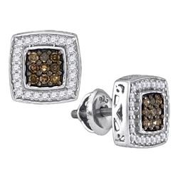 Round Brown Diamond Square Cluster Earrings 1/2 Cttw 10kt White Gold