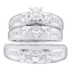 His & Hers Diamond Claddagh Matching Bridal Wedding Ring Band Set 1/8 Cttw 10kt White Gold