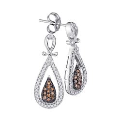 Round Brown Diamond Teardrop Dangle Earrings 1/3 Cttw 10kt White Gold