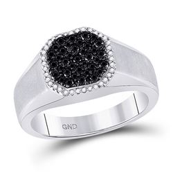 Mens Round Black Color Enhanced Diamond Octagon Frame Cluster Ring 3/4 Cttw 10kt White Gold