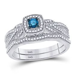 Round Blue Color Enhanced Diamond Milgrain Bridal Wedding Engagement Ring Band Set 3/8 Cttw 10kt Whi