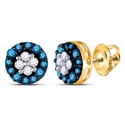 Blue Color Enhanced Round Cluster Diamond Screwback Stud Earrings 1/3 Cttw 10k Yellow Gold