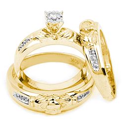 Diamond Matching Claddagh Mens His & Hers Trio Wedding Ring Set 1/8 Cttw 10k Yellow Gold