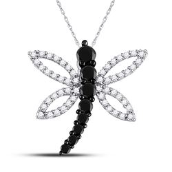 Black Color Enhanced Diamond Dragonfly Insect Bug Flying Pendant 1/2 Cttw 10k White Gold