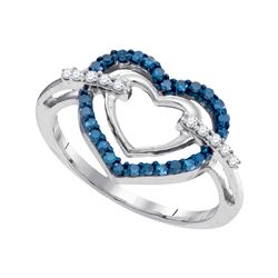 Round Blue Color Enhanced Diamond Double Frame Heart Ring 1/4 Cttw 10kt White Gold
