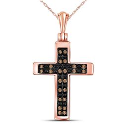 Round Brown Diamond Cross Faith Pendant 1/8 Cttw 14kt Rose Gold