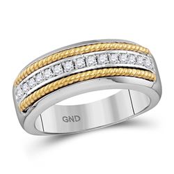 Mens Round Pave-set Diamond Yellow-tone Rope Wedding Band 1/3 Cttw 10kt White Gold