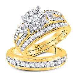 His & Hers Diamond Cluster Matching Bridal Wedding Ring Band Set 1.00 Cttw 10kt Yellow Gold