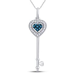 Round Blue Color Enhanced Diamond Key Love Pendant 1/10 Cttw 10kt White Gold