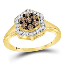 Round Brown Diamond Polygon Cluster Ring 1/2 Cttw 10kt Yellow Gold