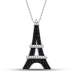 Round Black Color Enhanced Diamond Eiffel Tower France Pendant 1/3 Cttw 10kt White Gold