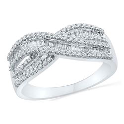 Round Baguette Diamond Crossover Band Ring 1/2 Cttw 10kt White Gold